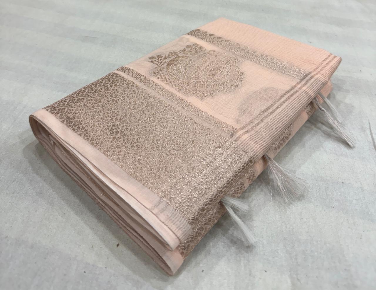 Pure Banarasi Linen Cotton Silk Saree with Copper Zari Border